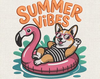 Broderidesign med hund och sommarvibbar, maskinbroderimönster för Corgi Flamingo, broderisömfil för poolparty, HUS JEF 9 storlekar ingår