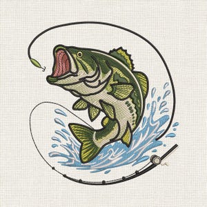 May include: An embroidery design featuring a green largemouth bass jumping out of blue water splashes. A black fishing rod curves around the fish, with a line extending to a small green lure. The fish has an open mouth and detailed scales.