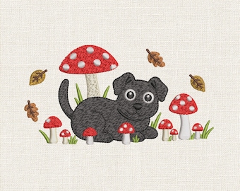 かわいい犬とキノコの刺繍デザイン、子犬の森のミシン刺繍パターン、犬とキノコのステッチファイル - HUS DST マルチサイズ付属