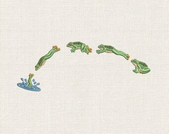 カエルのスプラッシュダウンアーク刺繍デザイン、カエルのミシン刺繍パターン、面白いジャンプするカエルのステッチファイル、9サイズ DST PES