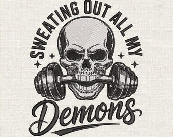 Broderidesign med "Svettas Ut Alla Mina Demoner", Broderimönster för Dödskallegym, Maskinbroderifil för Fitnessmotivation, DST HUS 9 storlekar