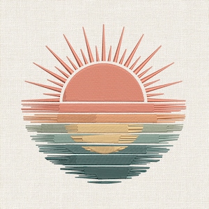 May include: An embroidered design featuring a stylized sun rising over a horizon. The sun is a semi-circle in coral, with radiating rays. Below, horizontal lines in coral, orange, yellow, and dark teal create a layered, abstract landscape.