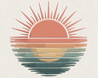 Retro solnedgångsbroderidesign, vintage sollandskapsbroderimönster, minimalistisk solnedgångsbroderi, HUS DST flera storlekar ingår