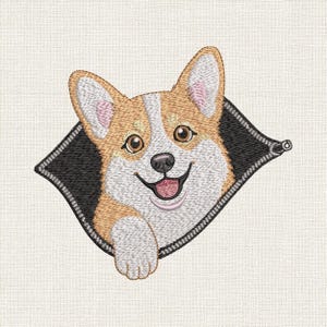 Puede incluir: Un parche bordado que muestra a un perro Corgi de color canela y blanco asomándose por una abertura con cremallera negra. El perro tiene orejas grandes, ojos marrones, nariz negra y la boca abierta con la lengua rosa, con una pata sobre la cremallera.