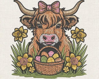 春のスイセンのハイランド牛の刺繍デザイン、イースターの牛のミシン刺繍ファイル、ハイランド牛の花柄ステッチパターン、EXP JEF