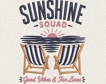 Broderidesign med Sunshine Squad, maskinbroderimönster för strandstolar, broderifil med Good Vibes-motiv och bruna linjer, HUS PES 9 storlekar