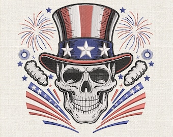 Broderidesign med dödskalle och Uncle Sam, patriotisk dödskalle-maskinbroderifil, broderimönster för fjärde juli, PES HUS 9 storlekar