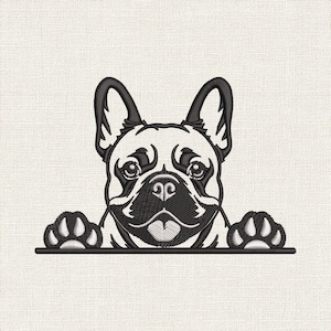 Peut inclure: Un motif de broderie représentant un bouledogue français noir et blanc qui regarde par-dessus une ligne horizontale. Le chien a de grandes oreilles droites, des traits du visage détaillés et deux pattes avant posées sur la ligne, le tout en broderie.