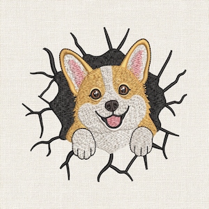 Può includere: Un disegno ricamato raffigurante un cane Corgi color marrone chiaro e bianco con grandi orecchie e un'espressione felice, che sembra spuntare da un foro nero frastagliato. Il cane ha occhi marroni, naso nero e lingua rosa nella bocca aperta.