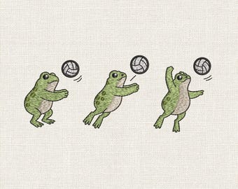 バレーボールをするカエルの刺繍デザイン、アスリートのカエルのミシン刺繍ファイル、かわいいスポーツをするカエルの刺繍パターン、複数サイズ入り