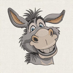 May include: An embroidery design featuring a cartoon donkey head with gray fur, a tan muzzle, and large white teeth. The donkey has expressive blue eyes, dark gray eyebrows, and a tuft of hair on top of its head, all outlined in black thread.