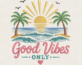 Broderidesign med Good Vibes-strand, maskinbroderifil för sommarsemesterpalm, broderimönster med solnedgångsstygn, JEF PES 9 storlekar