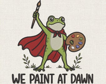 かわいいアーティストのカエルの刺繍デザイン、We Paint at Dawn マシンステッチファイル、面白いカエルの刺繍パターン - DST VP3