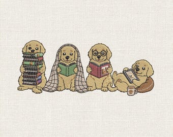 かわいい本の虫の子犬の刺繍デザイン、読書犬のミシン刺繍パターン、本の子犬のステッチファイル、9サイズ - PES DST、9サイズ