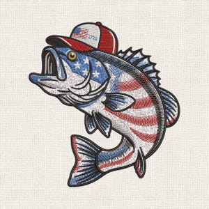 May include: An embroidered patch featuring a fish wearing a red, white, and blue baseball cap with the text 1776. The fish body is patterned with red and white stripes and white stars on a blue background, mimicking the American flag design.