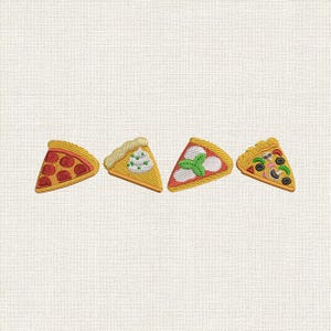 May include: Four embroidered pizza slice patches arranged in a horizontal row. The first slice features red pepperoni, the second has white cream, the third shows white mozzarella with green basil, and the fourth includes black olives and mushrooms.