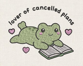 Frog Reading Book Embroidery Design, Cancelled Plans Machine Embroidery File, Cozy Frog Stitch Pattern, Multi Sizes