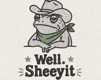 カウボーイカエルの刺繍デザイン、Well Sheeyitミシン刺繍ファイル、面白いウエスタンカエルの刺繍パターン、PES DST、9サイズ