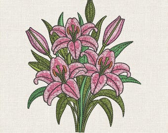 スターゲイザーリリーブーケ刺繍デザイン、花柄ミシン刺繍ファイル、ピンクのユリのステッチパターン、9サイズ