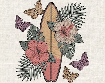 Surfboard Floral Embroidery Design, Tropical Hibiscus Surfboard Embroidery File, Floral Surf Stitch File, 9 Sizes EXP JEF