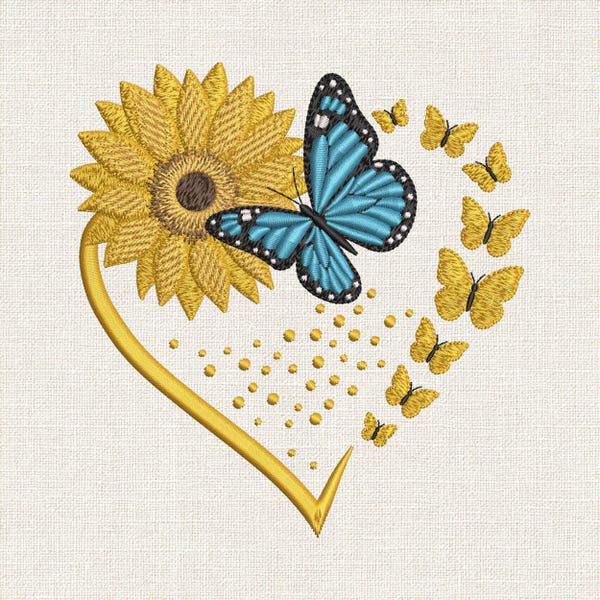 Sunflower Butterfly Embroidery Design, Floral Heart Machine Embroidery File, Spring Garden Decor Digital Download, PES File, Multi Sizes