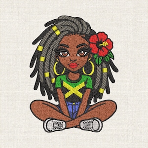 May include: An embroidery design featuring a person with dark skin and long gray dreadlocks adorned with yellow beads. The person wears a green, black, and yellow shirt, blue denim shorts, and white sneakers, with a red hibiscus flower in their hair.
