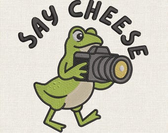 Say Cheese Frog Embroidery Design,  Funny Photographer Frog Machine Embroidery Pattern, Camera Frog Stitch File, 9 Sizes PES DST