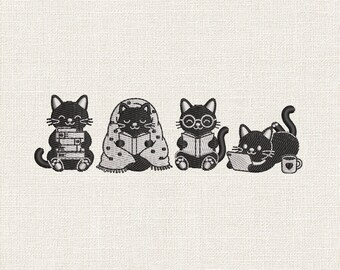 かわいい読書猫の刺繍デザイン、読書猫のミシン刺繍ファイル、ブックキャットのステッチパターン - HUS DST マルチサイズ対応