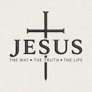 May include: A black embroidered design on a textured off-white fabric background. The design features a vertical nail forming a cross, with the word JESUS in large black letters and the text THE WAY THE TRUTH THE LIFE below it.
