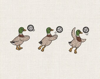 バレーボールをするマガモの刺繍デザイン、アヒルの機械刺繍ファイル、かわいいスポーツアヒルの刺繍パターン、PES DST