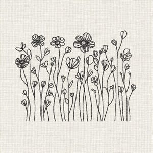 May include: Black line art of various flowers and foliage on a cream-colored background. The design features detailed outlines of different flower shapes, stems, and leaves, creating a delicate and natural aesthetic. The artwork is likely an embroidery or a print.