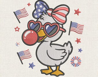 Silly Goose USA broderidesign, patriotisk anka maskinbroderifil, broderimönster med fjärde juli-stygn, PES DST 9 storlekar