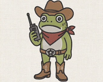 Frog Sheriff With Radio Embroidery Design, Western Frog Machine Embroidery File, Cute Cowboy Frog Stitch Pattern, 9 Sizes EXP JEF