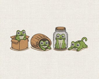 Cute Hiding Frogs Embroidery Design, Playful Frog Machine Embroidery File, Frog Stitch Pattern, 9 Sizes Included