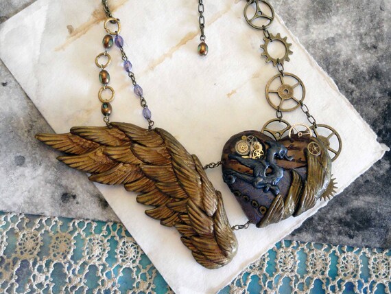 Items similar to Steam Punk Heart and wing necklace - Victorian winged ...