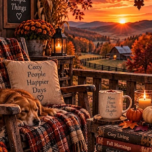 May include: A wooden porch scene featuring a sleeping golden dog on a chair with a plaid blanket and a pillow reading Cozy People Happier Days. A mug reads More Peace In This Chapter next to stacked books titled Cozy Living, Fall Mornings, Grateful Heart, A Brighter Tomorrow, pumpkins, and a sign saying Grateful For Simple Things.
