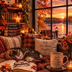 Op de afbeelding: Een knusse leeshoek met een slapende cyperse kat op een oranje deken, een open boek met een leesbril, een mok met de tekst 'Good Books Hot Coffee Fall Vibes' en een kussen met de tekst 'Just One More Chapter' bij een raam met herfstuitzicht.