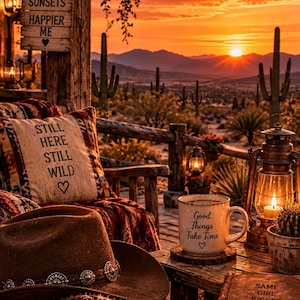 Può includere: Un cappello da cowboy marrone, una coperta a motivi e un cuscino con il testo 'STILL HERE STILL WILD' su una sedia. Una tazza con 'Good Things Take Time' e un libro con 'SAME GIRL BIGGER DREAMS' su un tavolo di legno vicino a una lanterna.