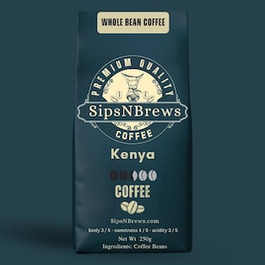 May include: A dark teal bag of whole bean coffee from SipsNBrews, labelled "Kenya." The bag features a circular logo with a coffee brewing device and the words "Premium Quality." The text "Whole Bean Coffee" is at the top.