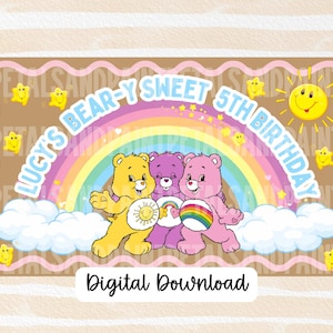 May include: A digital download featuring three Care Bears in front of a rainbow and clouds. The text reads "Lucy's Bear-y Sweet 5th Birthday" with a smiling sun and star accents. The words "Digital Download" are at the bottom.