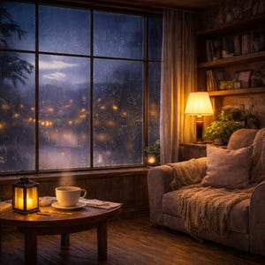 May include: Cozy interior scene with a round wooden table holding a lit lantern, a steaming cup of coffee, and a book. A comfortable sofa with a throw blanket and pillow sits near a window overlooking a rainy night scene.