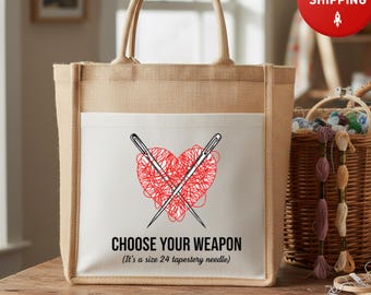 Jute Tote Bag, Cross Stitch Project Bag, Funny Sarcastic Craft Gift