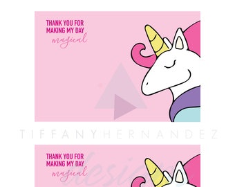 Unicorn Birthday, Thank You Card, Magical Girl Party Invite, Printable Notecard
