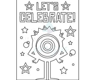 Monster Theme Birthday Coloring Page, Boy Party Theme Activity Sheet, One-Eyed Monster Cartoon