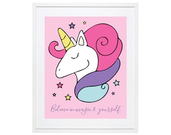 Unicorn "Believe in magic, believe in yourself" Girl Nursery Home Print, 8x10, Magical Printable, Rainbow Art, Whimsical