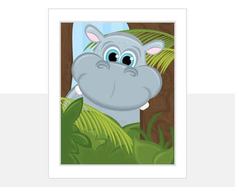 Hippo Jungle Safari Nursery Print, Digital Download, At the Zoo