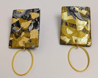 Geometric stud earrings, gold and black, clay earrings dangle, square earrings, black owned shop, gift for mom, gift for sister, handmade