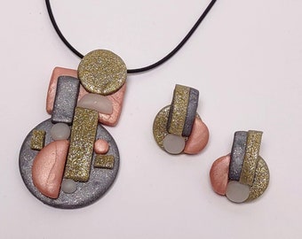 Art deco jewelry set, clay jewelry, unique jewelry for women, birthday gift for sister, gift for mom, gift for coworker, black jewelry shop