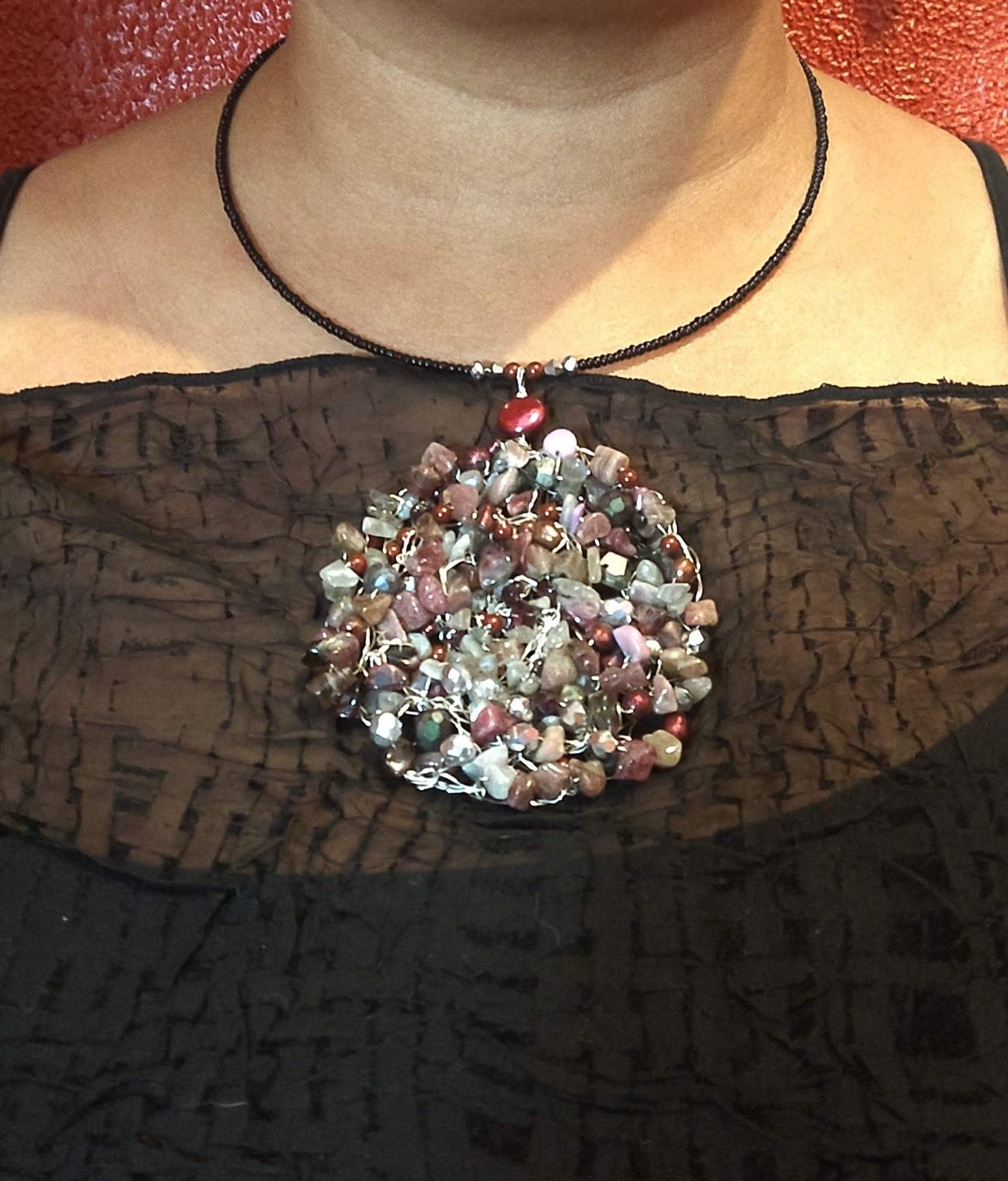 Wire Crochet Statement Necklace: Tourmaline, Labradorite & Pearl Pendant