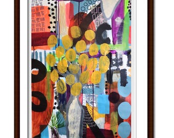 May include: Abstract painting with a mix of colors and patterns, including yellow, red, blue, green, black, and white. The painting features a cluster of yellow circles in the center, surrounded by geometric shapes and lines.